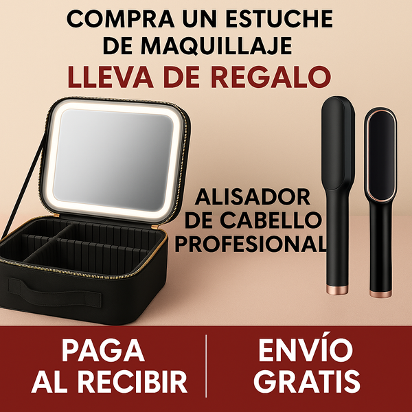 ✨ Estuche de Maquillaje con Espejo LED + ¡Regalo Kit alisador de Pelo Profesional! | Pago solo al recibir 📦 | Envío GRATIS 🚚✨